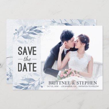 Blue Watercolor Leaves Wedding Save The Date Photo