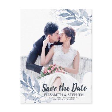 Blue Watercolor Leaves Wedding Save The Date Photo Post