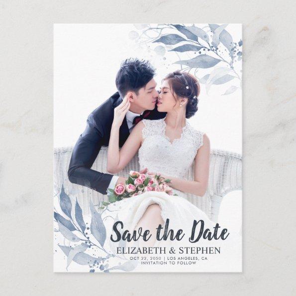 Blue Watercolor Leaves Wedding Save The Date Photo PostInvitations