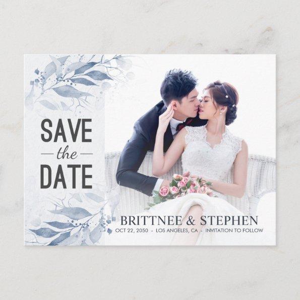 Blue Watercolor Leaves Wedding Save The Date Photo PostInvitations