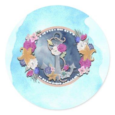 Blue Watercolor Modern Nautical Floral Anchor Classic Round Sticker