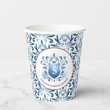 Blue Watercolor Monogrammed Crest Bridal Shower Paper Cups