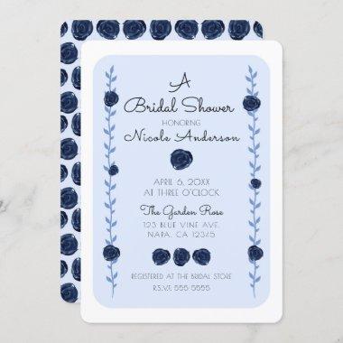 Blue Watercolor Rose Vines Cottage Bridal Shower Invitations