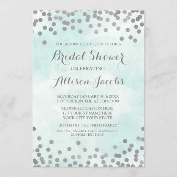 Blue Watercolor Silver Confetti Bridal Shower Invitations