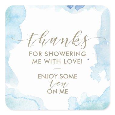 Blue Watercolor Thanks Bridal Shower Tea Favor Square Sticker