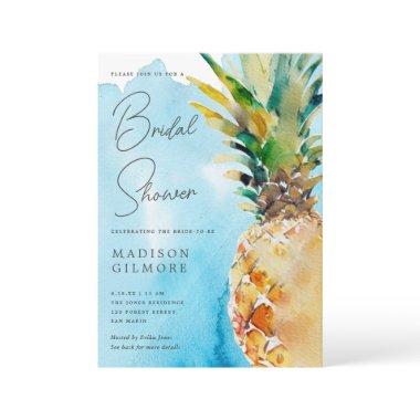 Blue Watercolor Tropical Pineapple Bridal Shower Invitations