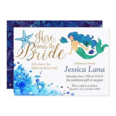 Blue watercolor undersea sweet mermaid golden text Invitations