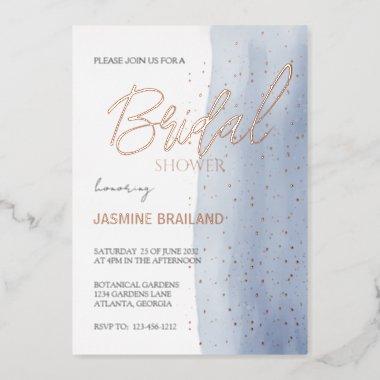 Blue Watercolor Wash Bridal Shower Sparkle Foil Invitations