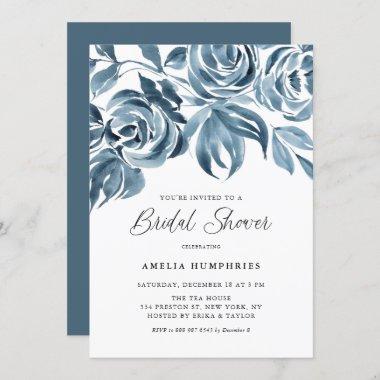 Blue Watercolor Winter Roses Bridal Shower Invitations