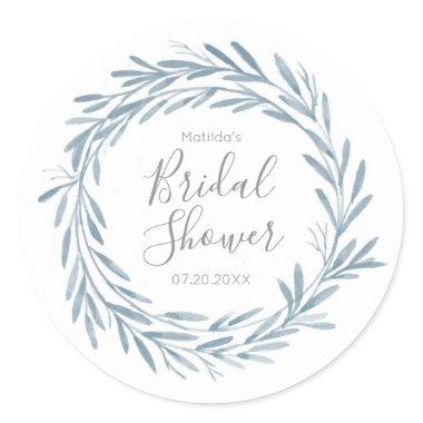 Blue Watercolor Wreath Script Bridal Shower Classic Round Sticker