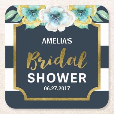 Blue White and Faux Gold Floral Bridal Shower Square Paper Coaster