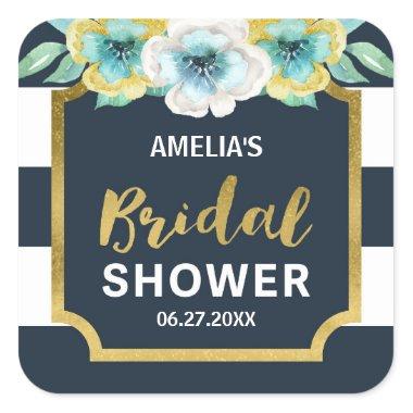 Blue White and Faux Gold Floral Bridal Shower Square Sticker