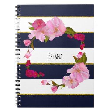 Blue White and Gold Modern Floral Chic Glam Notebook