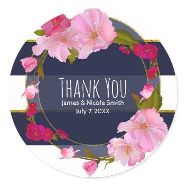 Blue White and Gold Modern Floral Chic Glam Party Classic Round Sticker