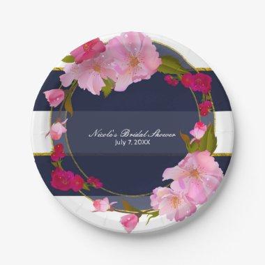 Blue White and Gold Modern Floral Chic Glam Party Paper Plates