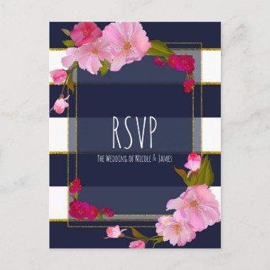 Blue White and Gold Modern Floral Chic Glam RSVP Invitation PostInvitations