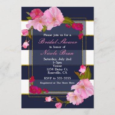 Blue White and Gold Modern Floral Chic Party Invitations