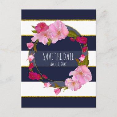 Blue White and Gold Modern Floral Save The Date Announcement PostInvitations