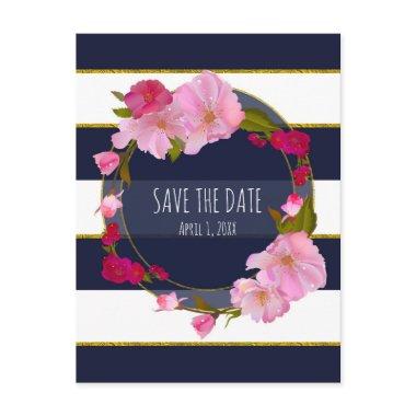 Blue White and Gold Modern Floral Save The Date Announcement Post