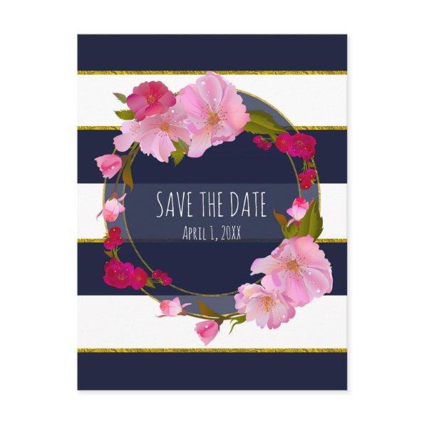 Blue White and Gold Modern Floral Save The Date Announcement Post