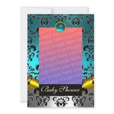 BLUE WHITE BLACK DAMASK BABY SHOWER MONOGRAM Invitations