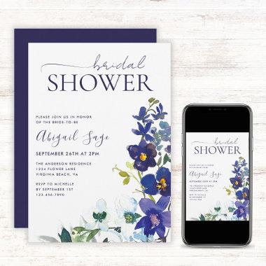 Blue White Boho Floral Trendy Script Bridal Shower Invitations