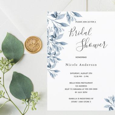 Blue white botanical script Bridal Shower Invitations
