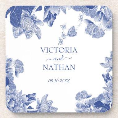 Blue White Chinoiserie Chic Floral Wedding Beverage Coaster