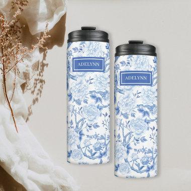 Blue White Chinoiserie Floral Porcelain Monogram Thermal Tumbler