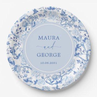 Blue White Chinoiserie Floral Wedding Monogram Paper Plates