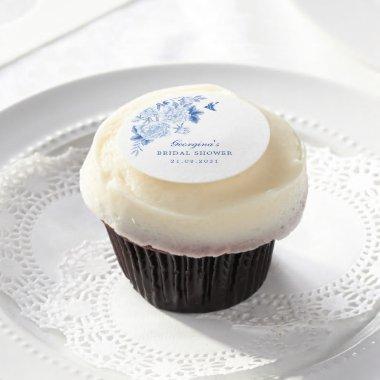 Blue White Chinoiserie Flowers Bird Bridal Shower Edible Frosting Rounds