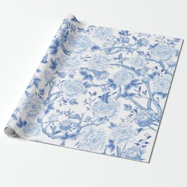 Blue White Chinoiserie Flowers Birds Porcelain Wrapping Paper