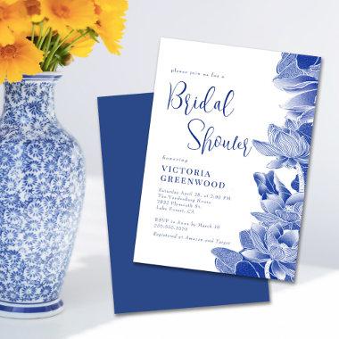 Blue White Chinoiserie Lotus Floral Bridal Shower Invitations