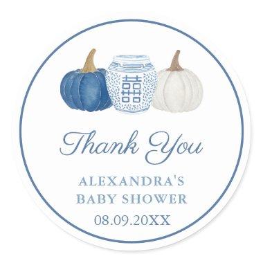 Blue & White Chinoiserie Pumpkin Shower Thank You Classic Round Sticker