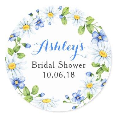 Blue White Daisy Floral Bridal Shower Thank You Classic Round Sticker