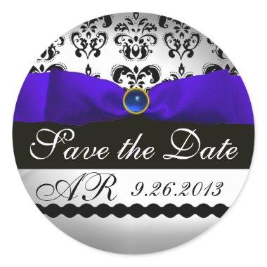 BLUE & WHITE DAMASK RIBBON MONOGRAM Sapphire Classic Round Sticker