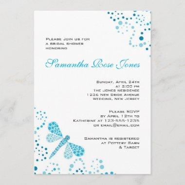 Blue & White Dragonfly Pointillism Bridal Shower Invitations