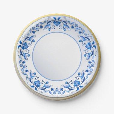 Blue White Floral Pattern Ceramic Looking Vintage Paper Plates