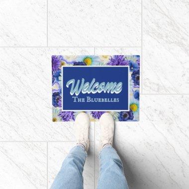 Blue & White Floral Personalized Entry Way Welcome Doormat