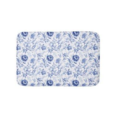 Blue White Floral Toile French Country Watercolor Bath Mat