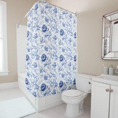 Blue White Floral Toile French Country Watercolor Shower Curtain