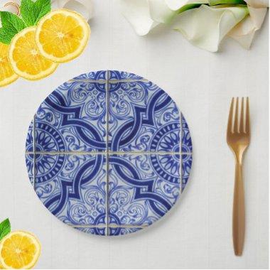 Blue + White Mediterranean Azulejo Tile Pattern Paper Plates
