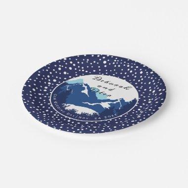 Blue, white mountains and conifer trees wedding paper plates