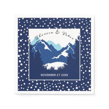 Blue, white mountains and polka dots wedding paper napkins