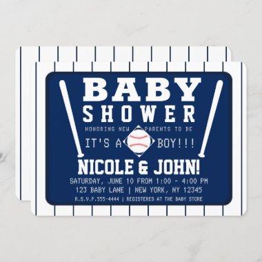 Blue & White Pinstripes Baseball Baby Shower Invitations