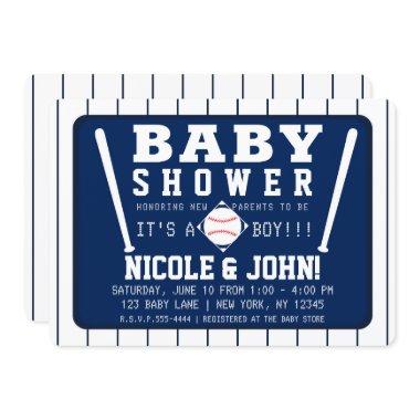 Blue & White Pinstripes Baseball Baby Shower Invitations