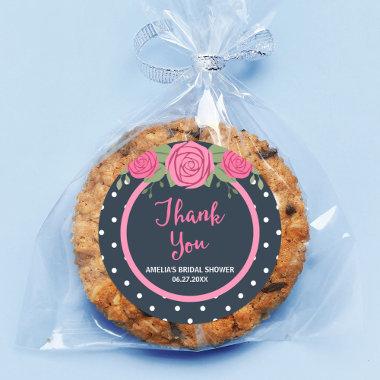 Blue White Polka Dot and Pink Roses Thank You Classic Round Sticker