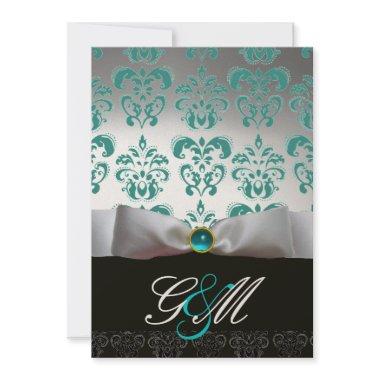 BLUE WHITE RIBBON BLACK DAMASK MONOGRAM Champagne Invitations