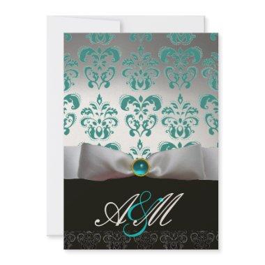 BLUE WHITE RIBBON & BLACK DAMASK MONOGRAM Gold Invitations