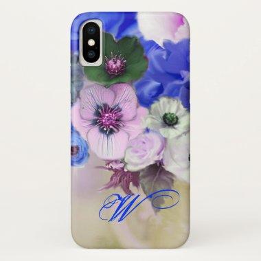 BLUE WHITE ROSES AND ANEMONE FLOWERS MONOGRAM iPhone X CASE
